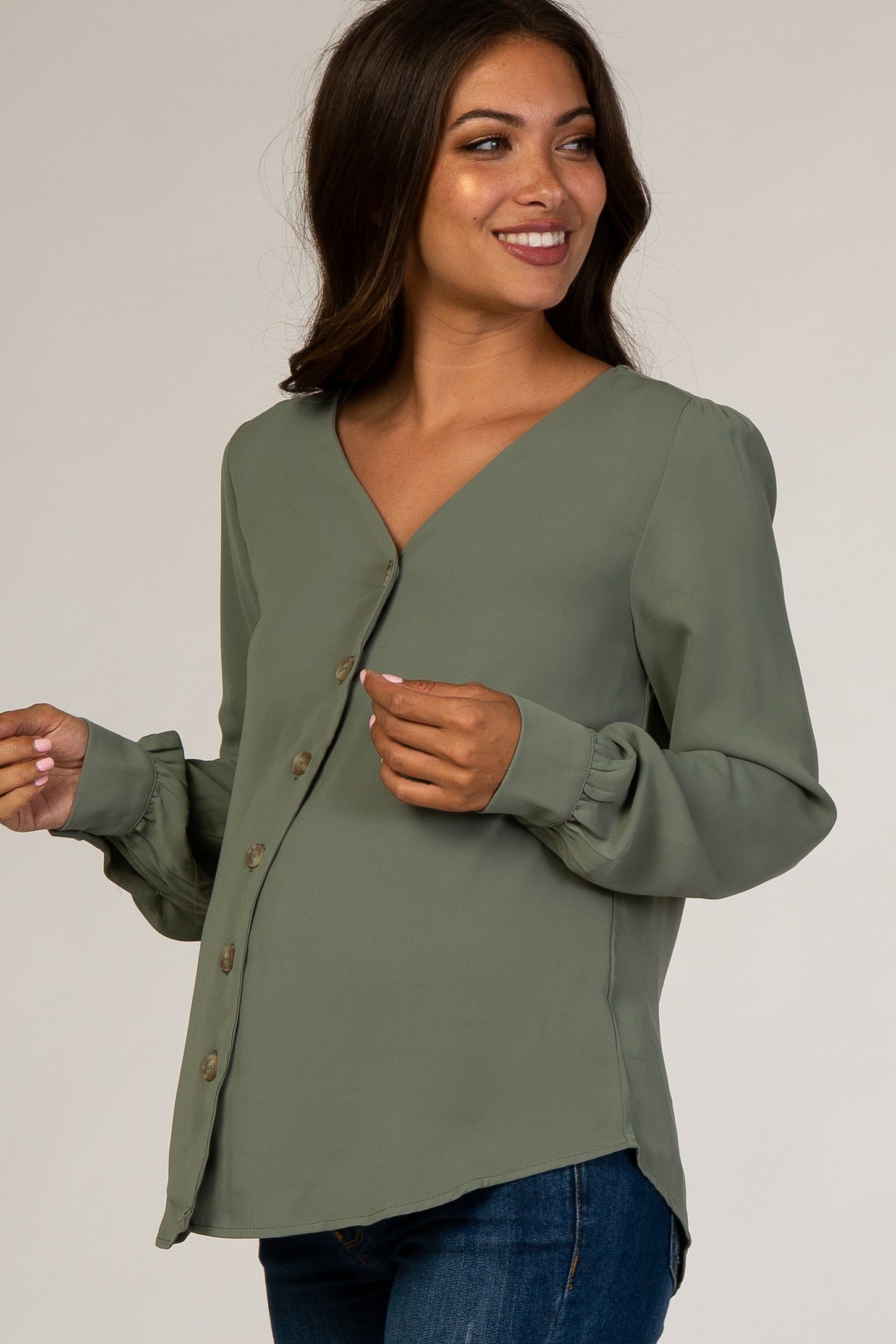Olive Button Up Maternity Blouse