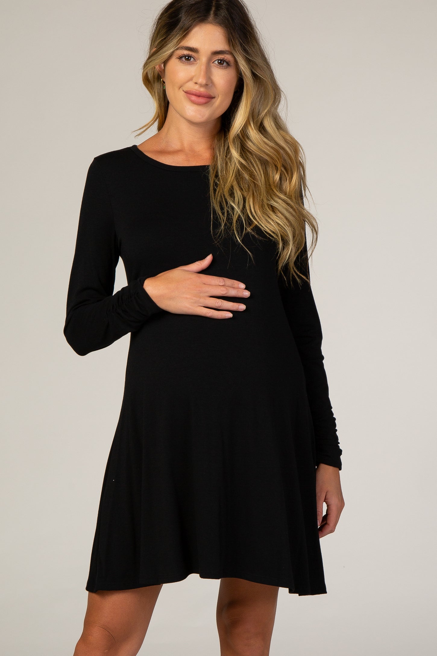 Black Ruched Sleeve Maternity Swing Dress
