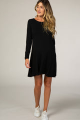 Black Ruched Sleeve Maternity Swing Dress