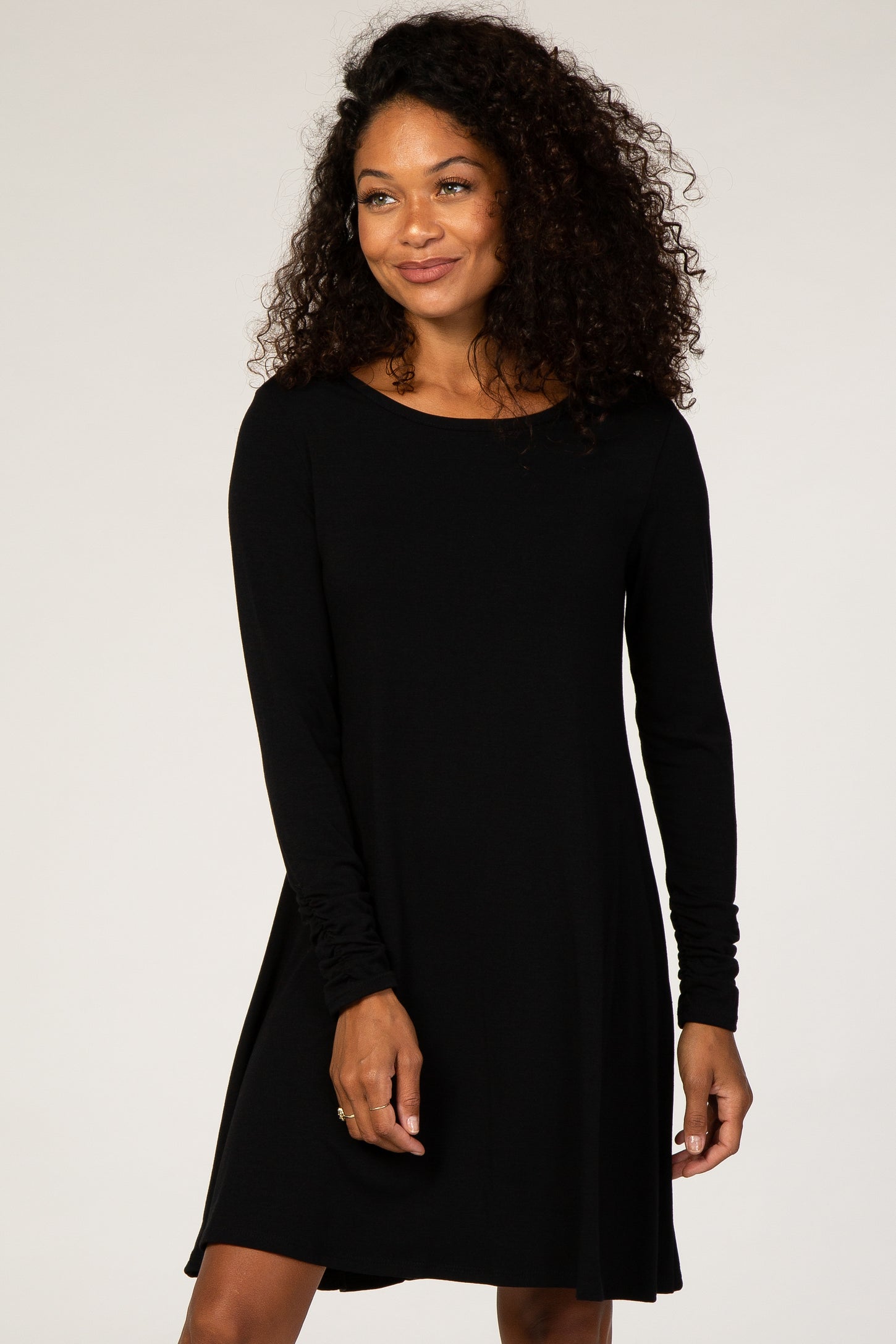 Black Ruched Sleeve Swing Dress