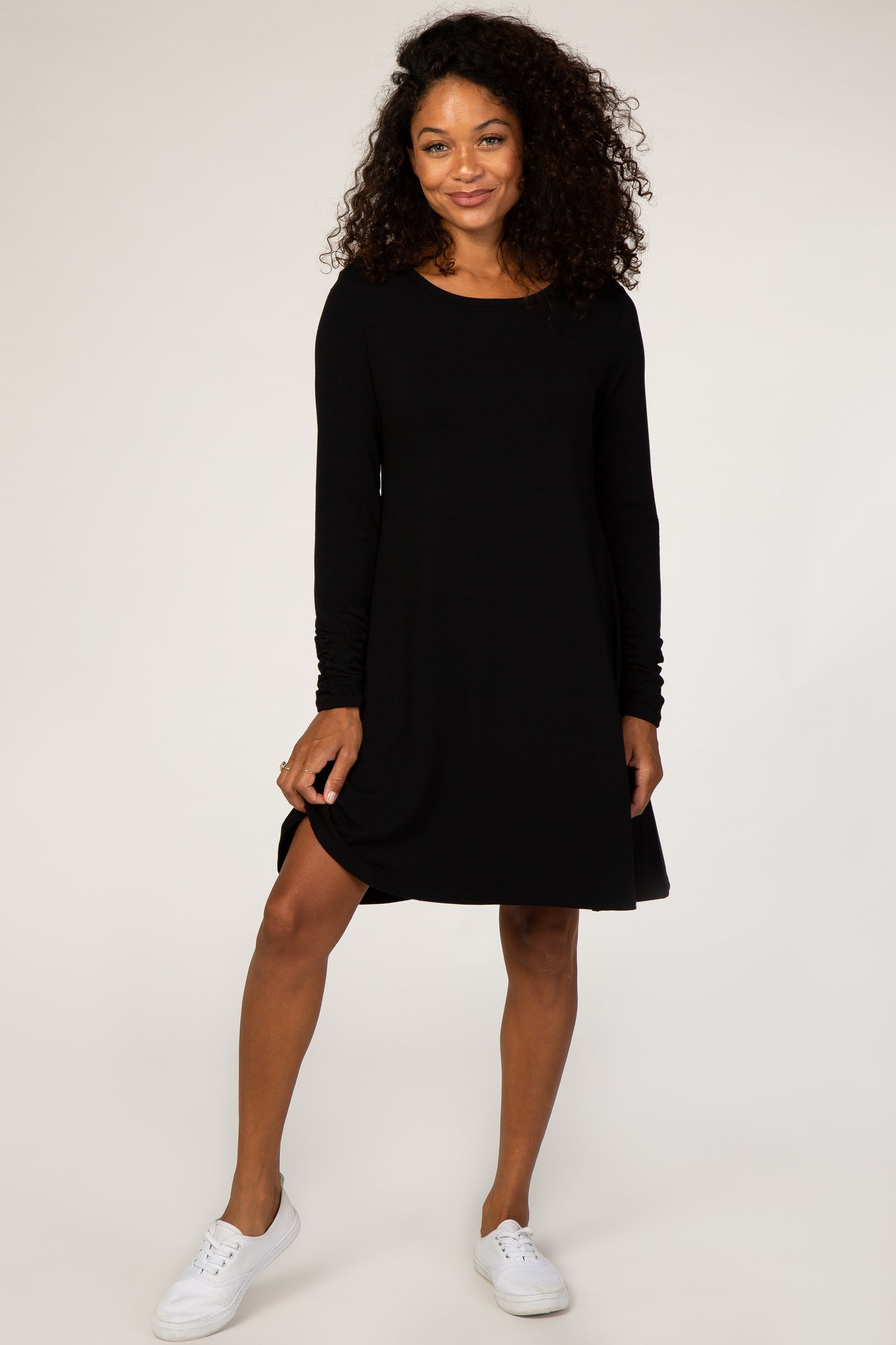Black Ruched Sleeve Swing Dress