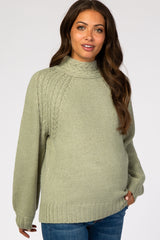 Light Olive Cable Knit Mock Neck Maternity Sweater