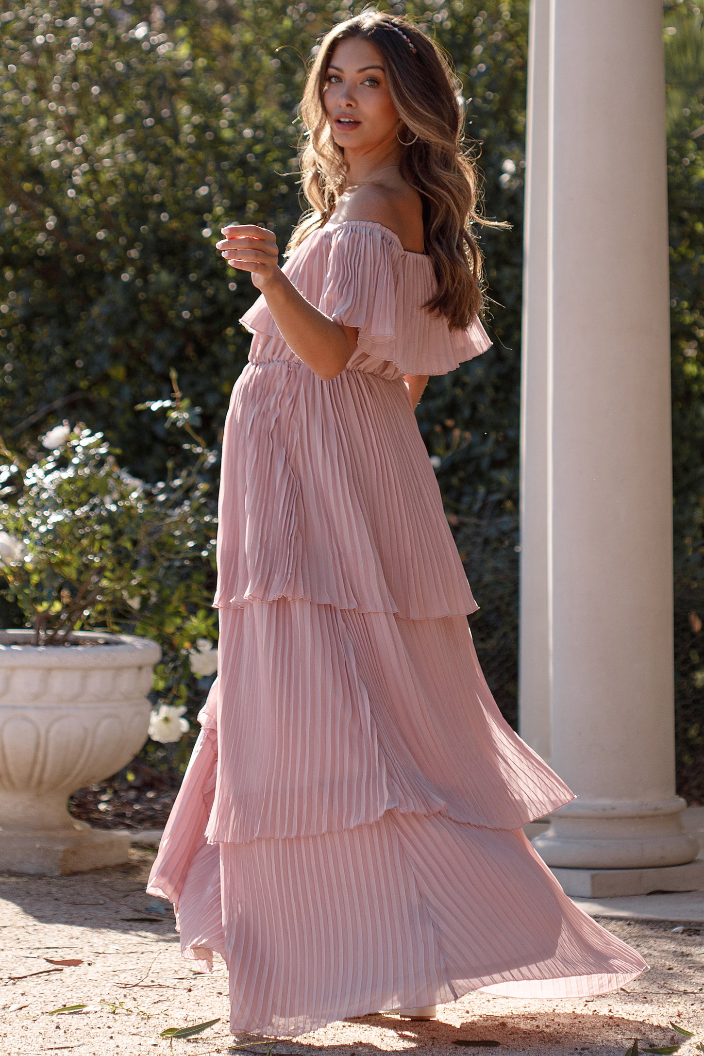 Mauve Pleated Ruffle Tiered Maternity Maxi Dress– PinkBlush