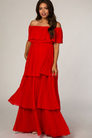 Red Pleated Ruffle Tiered Maternity Maxi Dress