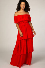 Red Pleated Ruffle Tiered Maxi Dress
