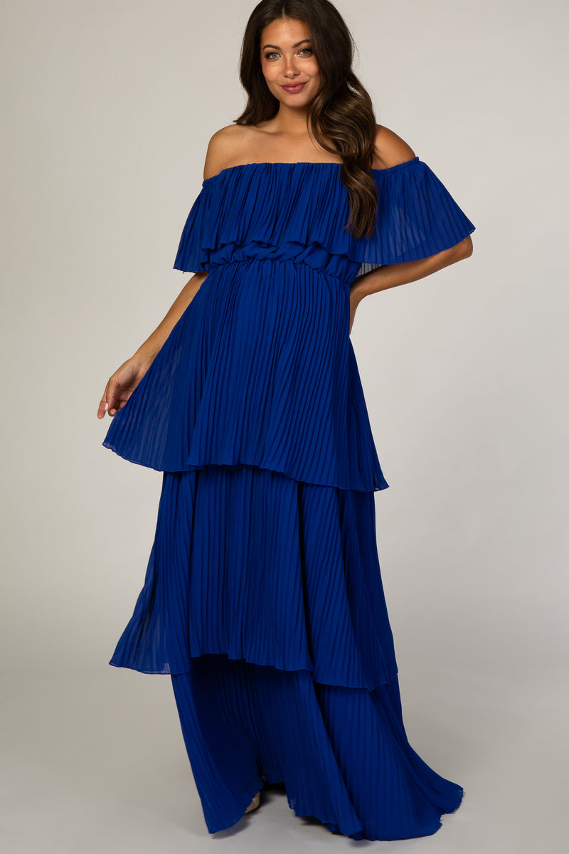 Royal Blue Pleated Ruffle Tiered Maternity Maxi Dress – PinkBlush
