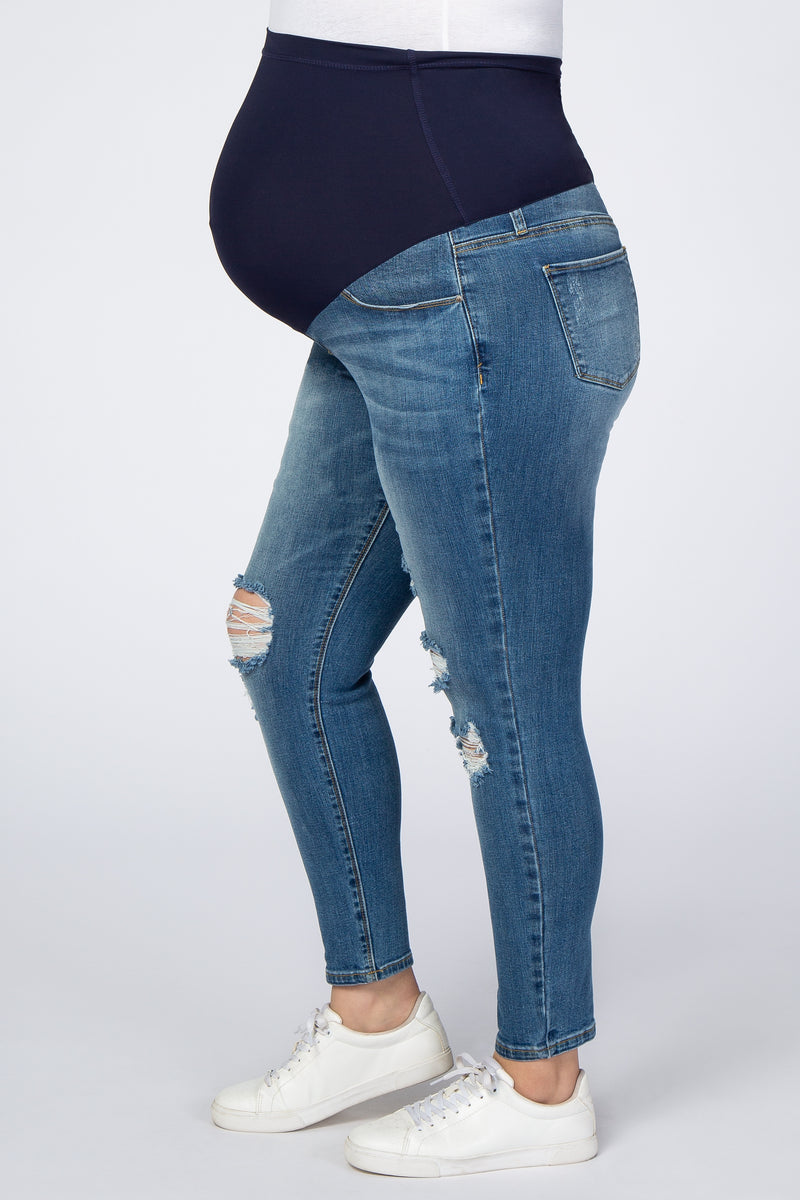 Blue Distressed Crop Maternity Plus Jeans– PinkBlush