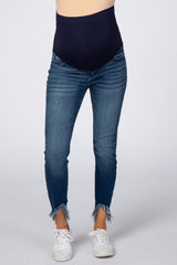 Navy Blue Distressed Fringe Hem Maternity Jeans