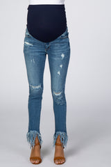 Blue Distressed Fringe Hem Maternity Skinny Jeans