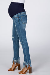 Blue Distressed Fringe Hem Maternity Skinny Jeans
