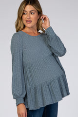 Blue Ribbed Knit Tiered Bubble Long Sleeve Maternity Top
