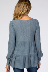 Blue Ribbed Knit Tiered Bubble Long Sleeve Maternity Top