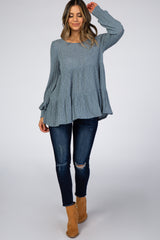 Blue Ribbed Knit Tiered Bubble Long Sleeve Top
