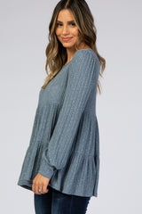 Blue Ribbed Knit Tiered Bubble Long Sleeve Top
