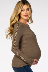 Olive Ribbed Animal Print Long Sleeve Maternity Top