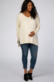 Cream Soft V-Neck Hi-Low Maternity Plus Sweater
