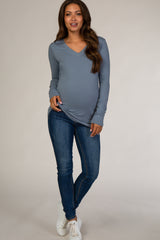 Slate Blue Fitted V-Neck Maternity Top
