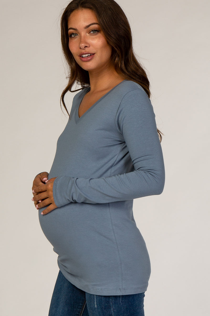 Slate Blue Fitted V-Neck Maternity Top– PinkBlush