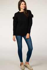Black Cable Knit Fringe Sleeve Sweater