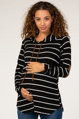 Black Striped Suede Elbow Maternity Hoodie