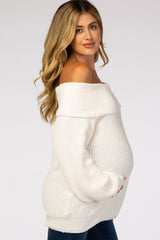 Ivory Soft Chenille Off Shoulder Foldover Maternity Sweater