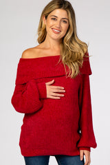 Red Soft Chenille Off Shoulder Foldover Maternity Sweater