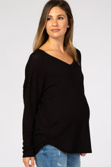 Black Textured Long Sleeve Drop Shoulder V-Neck Maternity Top