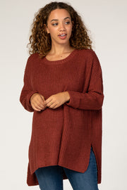 Rust Hi Low Side Slit Cuff Sleeve Maternity Sweater