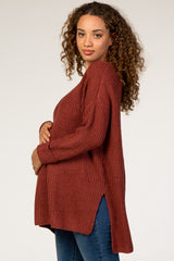 Rust Hi Low Side Slit Cuff Sleeve Maternity Sweater