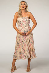 Light Pink Floral Textured Maternity Midi Dress