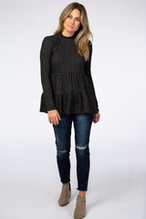 Black Soft Ribbed Tiered Mock Neck Top