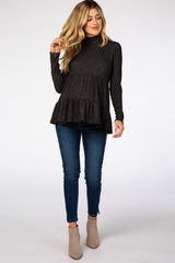 Black Soft Ribbed Tiered Mock Neck Maternity Top
