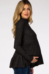 Black Soft Ribbed Tiered Mock Neck Maternity Top