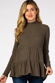 Olive Soft Ribbed Tiered Mock Neck Maternity Top