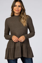 Olive Soft Ribbed Tiered Mock Neck Top