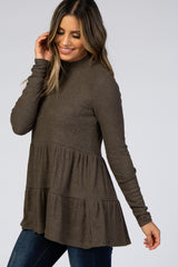 Olive Soft Ribbed Tiered Mock Neck Top