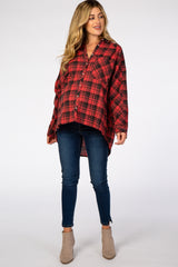 Red Plaid Hi-Low Button Down Long Sleeve Maternity Top