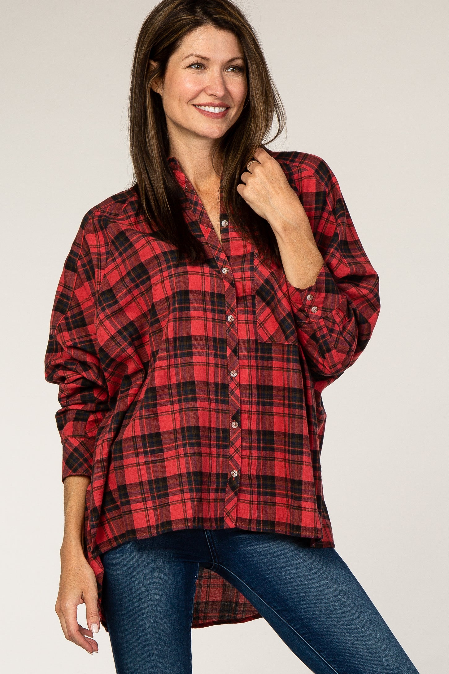 Red Plaid Hi-Low Button Down Long Sleeve Maternity Top– PinkBlush