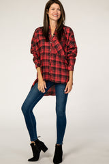 Red Plaid Hi-Low Button Down Long Sleeve Top