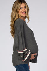 Charcoal Embroidered Fringe Bubble Long Sleeve Maternity Top