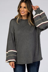 Charcoal Embroidered Fringe Bubble Long Sleeve Maternity Top