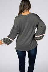 Charcoal Embroidered Fringe Bubble Long Sleeve Top