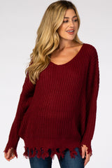 Burgundy Distressed Fringe Maternity Sweater
