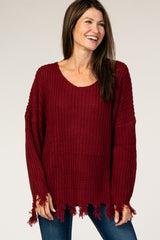Burgundy Distressed Fringe Maternity Sweater