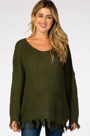 Olive Distressed Fringe Maternity Sweater