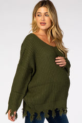 Olive Distressed Fringe Maternity Sweater