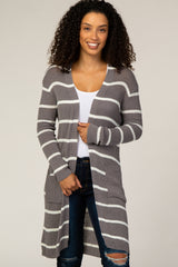 Grey Knit Striped Cardigan