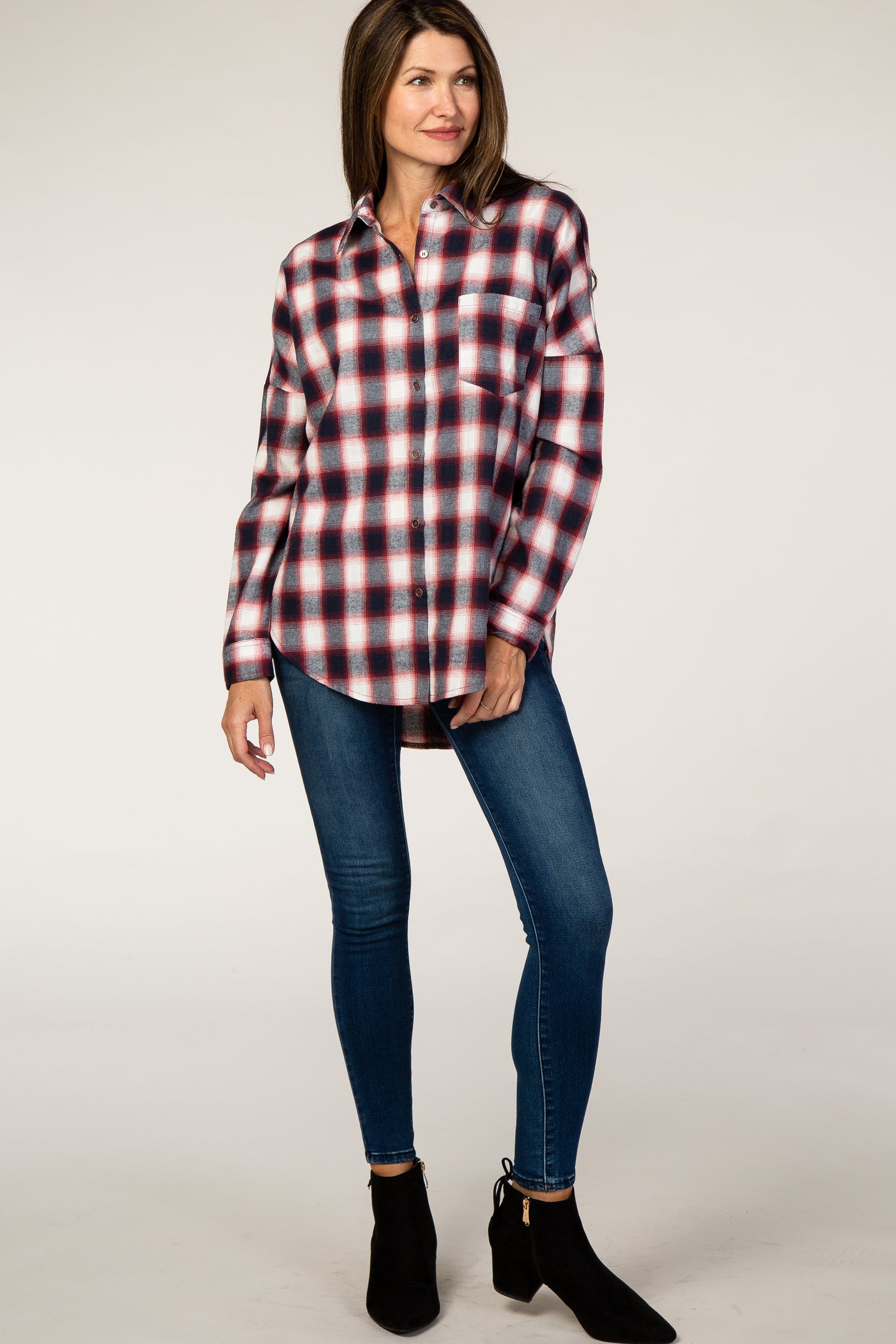 Red Plaid Long Sleeve Button Down Top