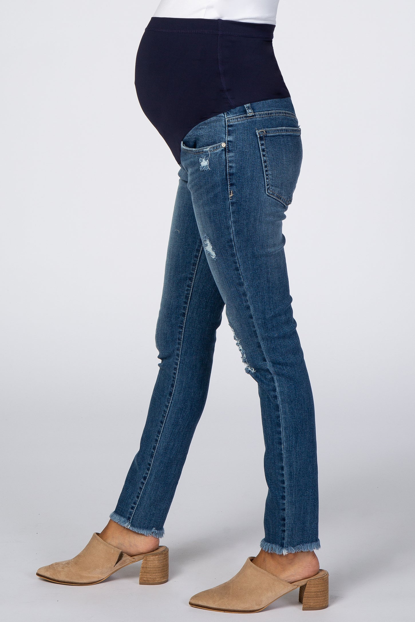 Blue Distressed Raw Hem Skinny Crop Maternity Jeans– PinkBlush