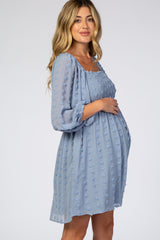 Light Blue Textured Dot Smocked Square Neck Chiffon Maternity Dress